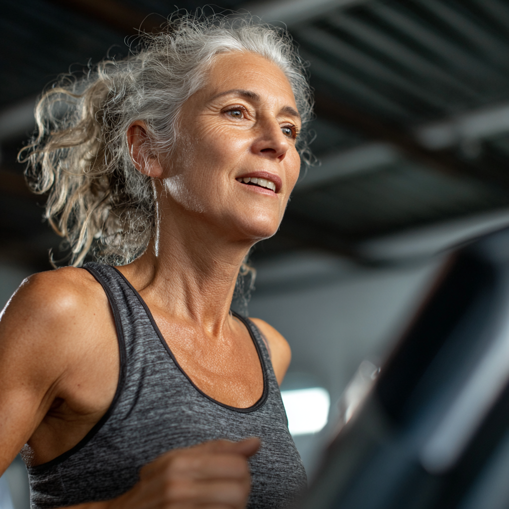 Mujer de 58 años en sesión de cardio intenso corriendo en cinta profesional