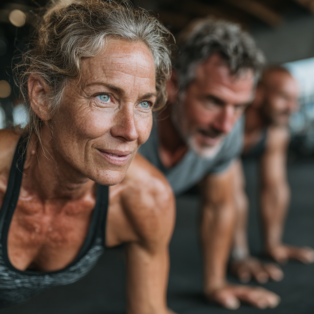 Grupo de adultos de 50-60 años realizando ejercicios HIIT en gimnasio especializado